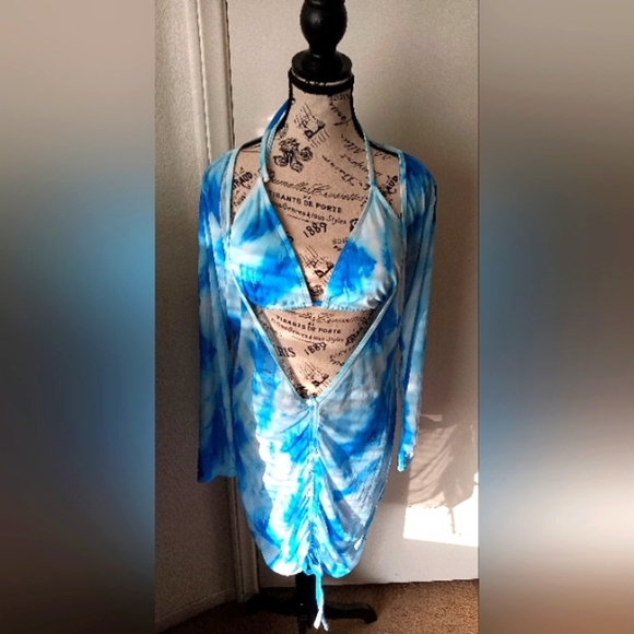 NEW 3pc Sewim Set - Tie-Dye Triangle Swimsuit Bikini w/coverup - Picture 2 of 5